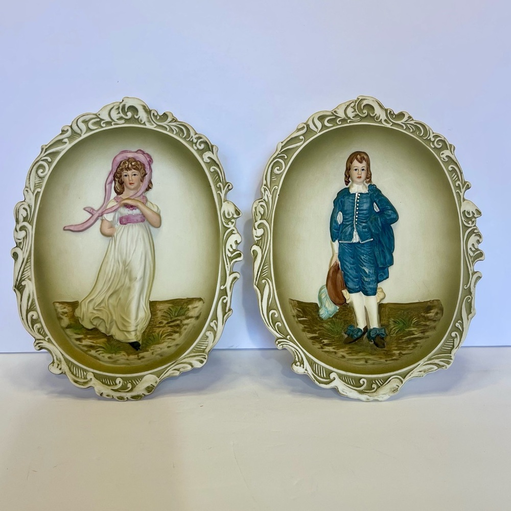 Lefton China Decorative Oval Wall Plaques Set Pinkie BlueBoy Vintage MCM